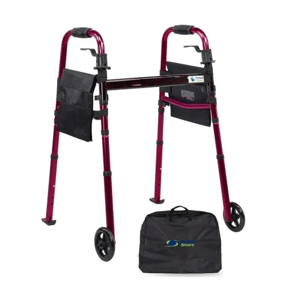 ANDADERA MEDICAL ORTOPÉDICA 62001MS CON RUEDAS DELANTERAS PALANCA PLEGABLE CON BOLSA DE ALUMINIO ROJ